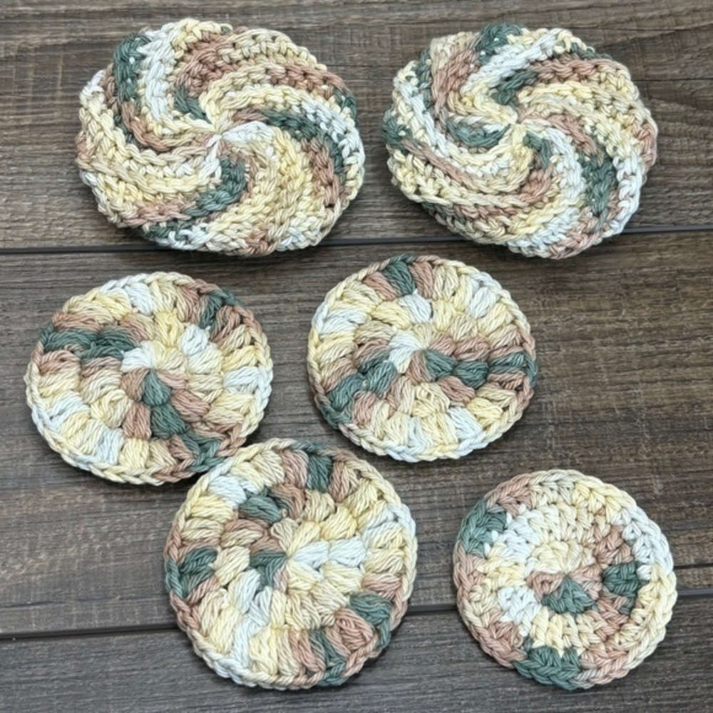 Handcrafted‎ Crochet Spiral Tawashi and Face Round Scrubbies Set Cotton Yarn
